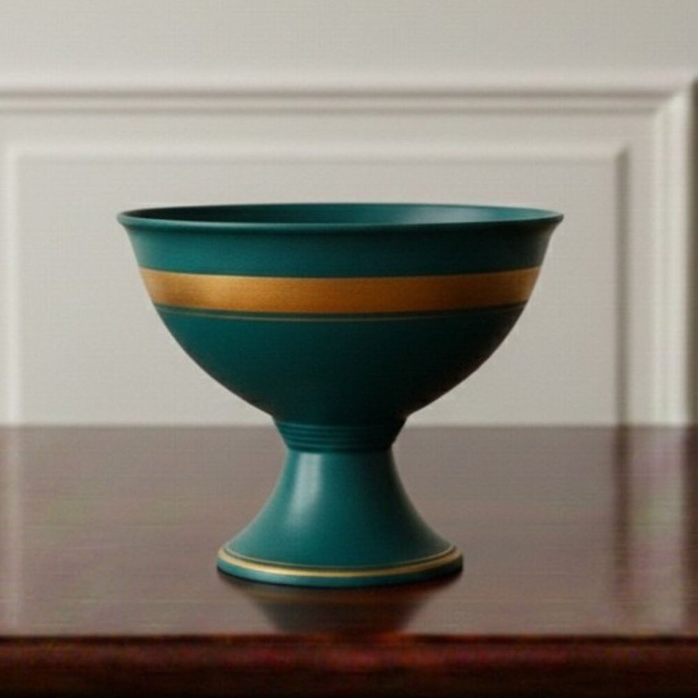 Vintage Royal Haeger 646 USA Turquoise Ceramic Pedestal Bowl Gold Band MCM Aqua
